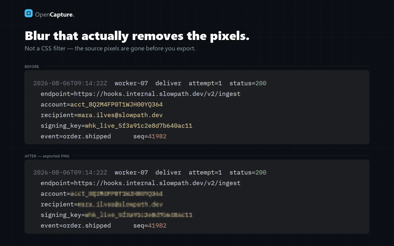 A log excerpt before and after blurring: the account ID, recipient address and signing key are replaced with blurred pixels in the exported PNG
