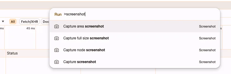 The Chrome DevTools command menu with screenshot typed in, listing Capture area screenshot, Capture full size screenshot, Capture node screenshot and Capture screenshot