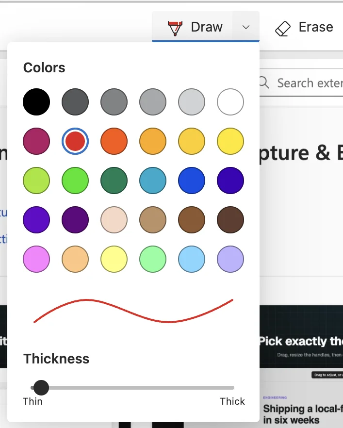 The Edge Web capture markup toolbar with the Draw menu open, showing a grid of pen colours and a thickness slider, with the Erase button alongside