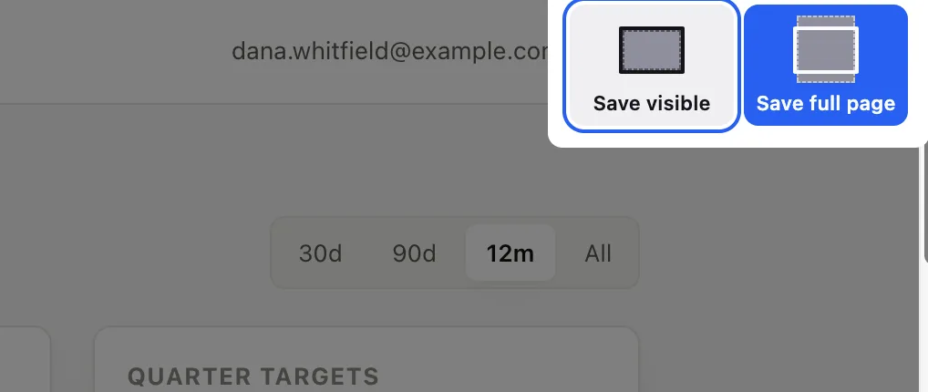 The Firefox screenshot overlay showing the Save visible and Save full page buttons at the top right of the dimmed page