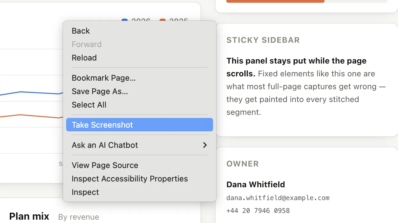 The Firefox right-click menu open on a web page, with Take Screenshot highlighted between Select All and Ask an AI Chatbot
