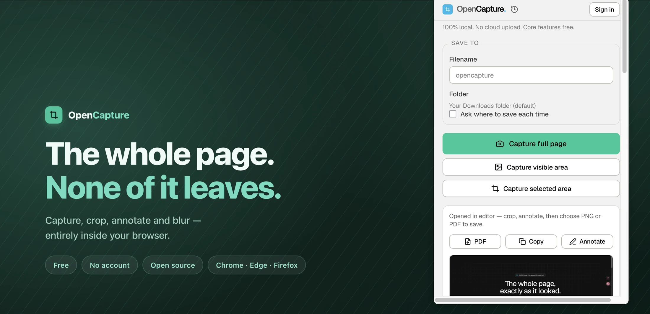 The OpenCapture popup open in a browser: capture full page, visible area or selected area, all available without signing in