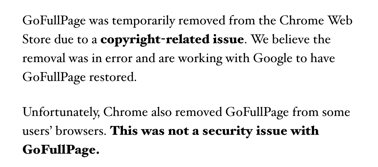 GoFullPage's blog statement: the extension was temporarily removed from the Chrome Web Store due to a copyright-related issue, the team believes the removal was in error, and this was not a security issue with GoFullPage