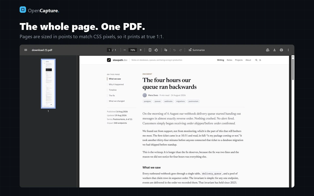 A full web page captured by OpenCapture and exported as a single-page PDF, open in a PDF viewer